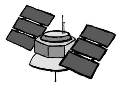 A grayscale drawing of a communications satellite
